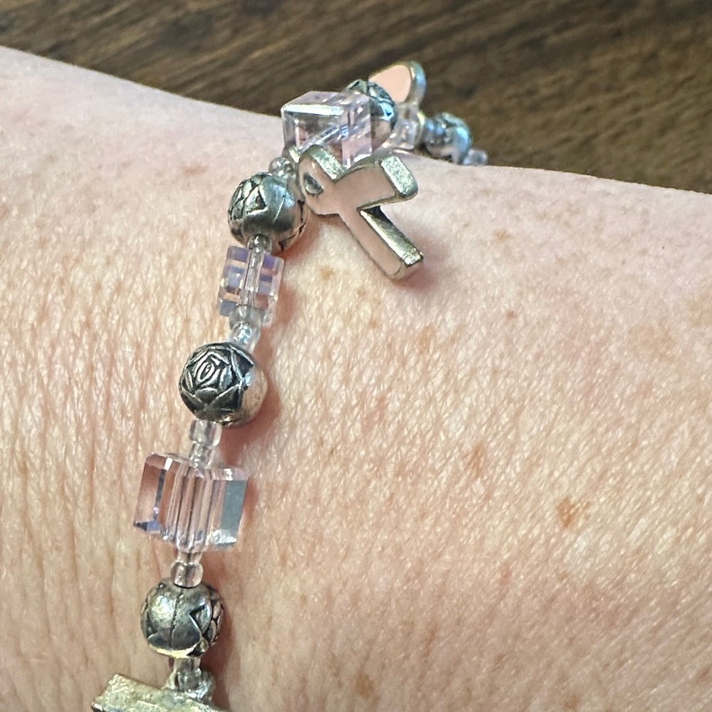 Silver Beaded Breast Cancer Bracelet
